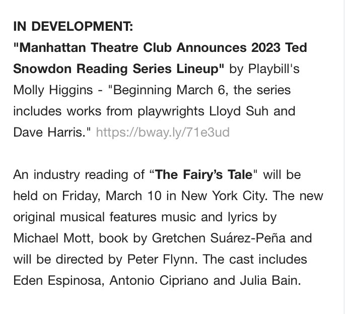 Thank you, Broadway Briefing, for featuring us in your newsletter today. #EdenEspinosa @AntonioCip_ #JuliaBain #GretchenSuarezPena @Michael_Mott #PeterFlynn