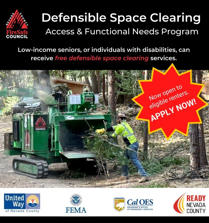 Free Defensible space clearing now available through the <a href="/FSCNC/">Fire Safe Council</a> Access &amp; Functional Needs Program.

Contact Fire Safe Council Program Outreach Coordinator
Phone: (530) 446.1224
#firewisecommunity #FSCNC #firesafecouncilofnevadacounty #fscnc #firesa.