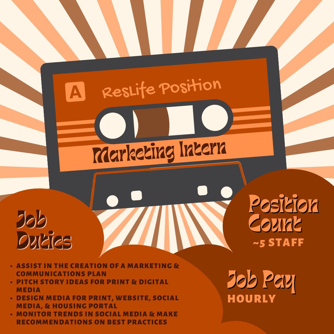 Today, the ResLife positions we want to highlight are... HOUSING AMBASSADOR &amp; MARKETING INTERN!! Check out these slides for more information about the HOUSING STAFF job opportunities and make sure you fill out the application in the Housing Portal by FEBRUARY 27TH!!