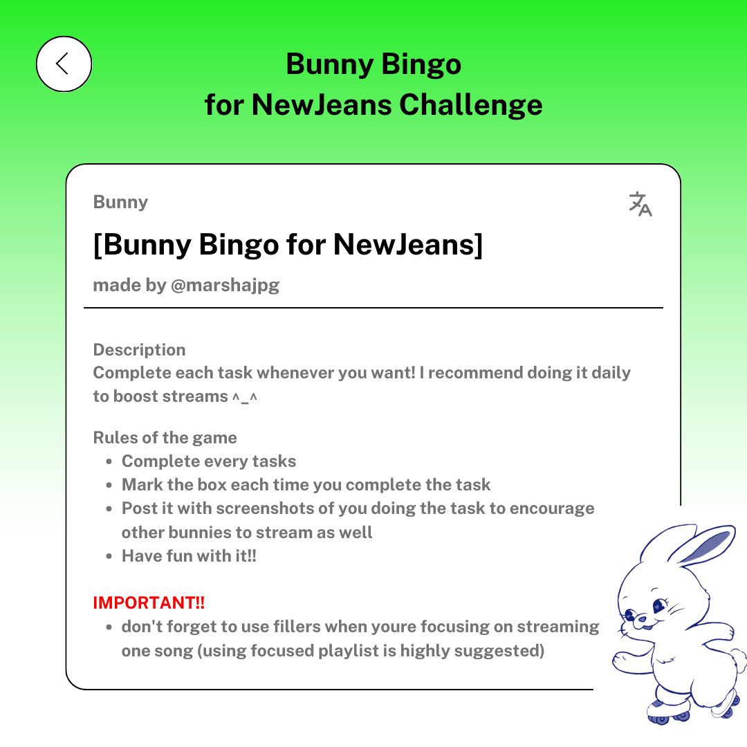 NewJeansVoting's tweet photo. [🐰 Bunny Bingo Games 🐰] 

Bunnies! Let’s join this games together, go ask your moots for join too and don’t forget to use the tags #BunnyBingoGames 😉 Let’s improve our streaming and voting skills more, i know we can do this, let’s gaurrr!!! 🤓🐰💗

credits : @marshajpg https://t.co/6yDlcPfzWN