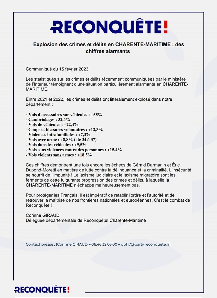 L  #insécurité , le laxisme judiciaire et le laxisme migratoire sont les ferments d'une fulgurante explosion des crimes et délits en #charentemaritime 

#communiquedepresse

@GiraudCorinne3