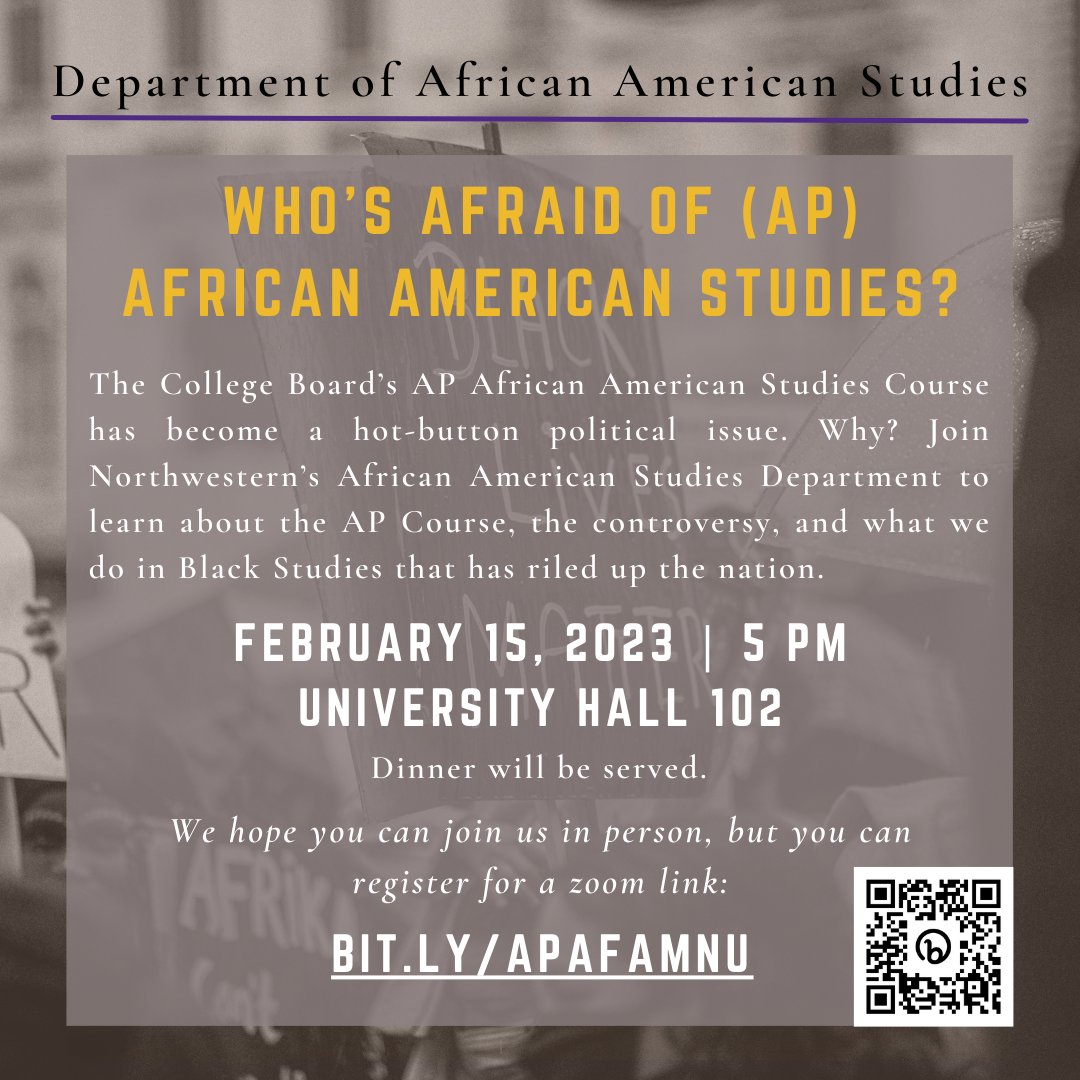 TONIGHT! "Who's Afraid of (AP) African American Studies?"
5 PM | University Hall 102 or Register via Zoom:
bit.ly/APAFAMNU