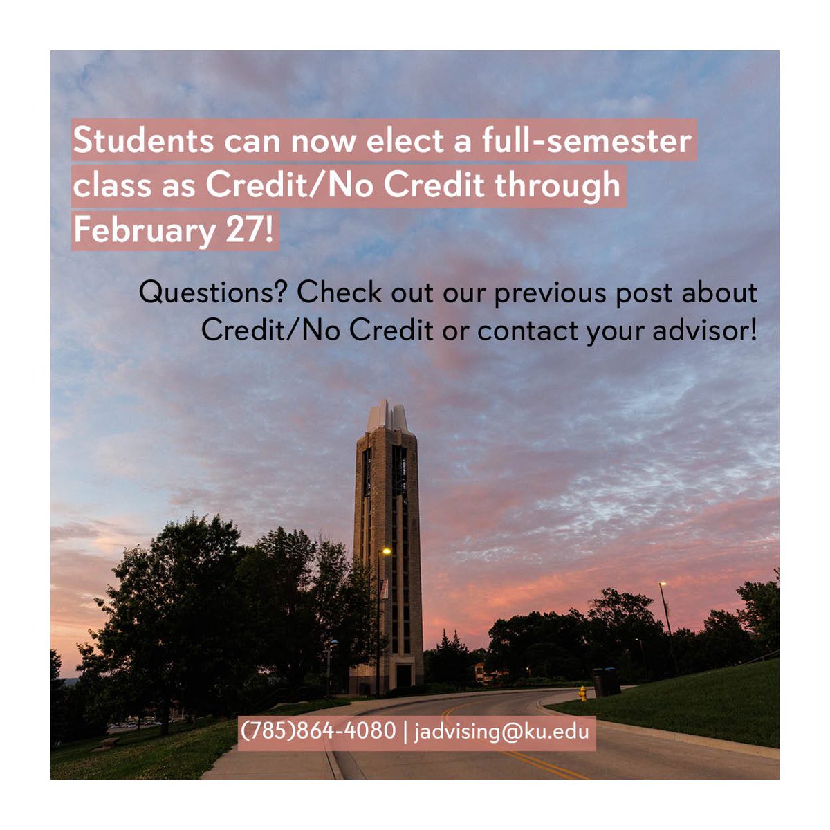 KUJAdvising's tweet photo. Credit/No Credit started yesterday! Talk to your advisor if you think you want to elect a class as Credit/No Credit. 
(785)864-4080 | jadvising@ku.edu https://t.co/NIN9VJ6LAx