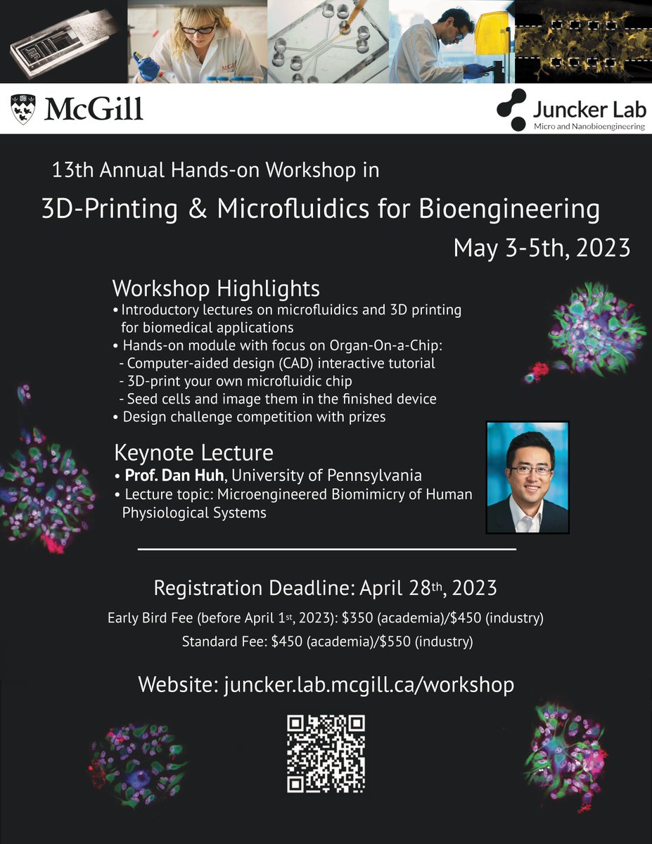 JunckerLab's tweet photo. We are thrilled to announce that registration is now open for the Juncker lab’s 13th annual workshop in microfluidics and 3D printing here at @mcgillu. Visit our webpage to find out more about the workshop schedule: https://t.co/51nj9oIp1r @bbme_mcgill (1/2) https://t.co/aZJg4wctvf