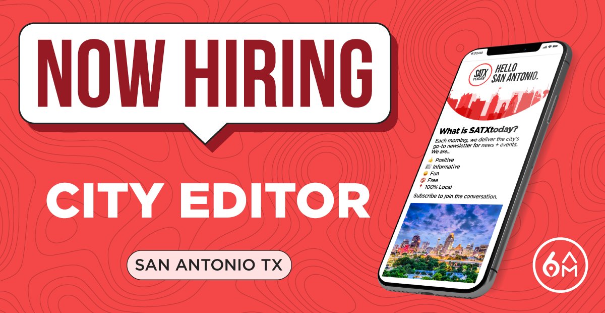 theSATXtoday's tweet photo. Passionate about storytelling + news, and have some serious San Antonio pride? We're hiring a City Editor to plan, write, edit, and publish the most relevant and engaging daily content about our city. 

See details + apply: https://t.co/rTCsn55Ye2 https://t.co/mygrRsFbb0