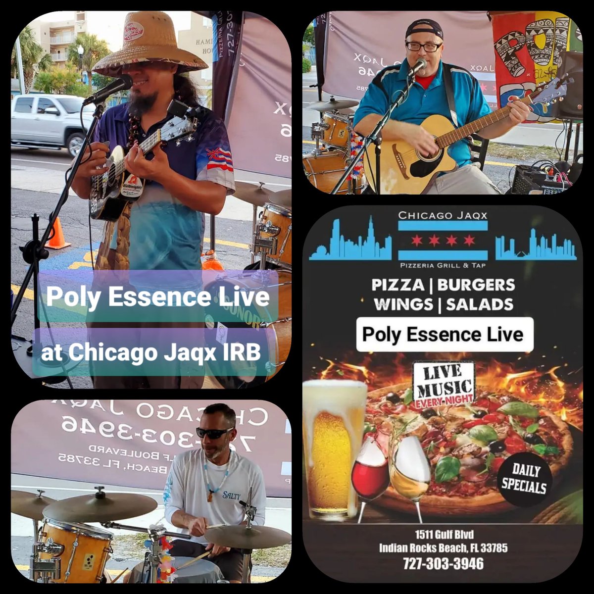 kevinlpurcell's tweet photo. Poly Essence Trio Live at Chicago Jaqx Pizzeria &amp; Taphouse in Indian Rocks Beach this Friday February 17th from 6pm-9pm.  ⛱ 🌞 🏄‍♂️  🎙 🎸 🇺🇸 
#feelgoodmusic #alohafriday #polyessence #tgifriday #irb #chicagopizza #pinellascounty #islandtime https://t.co/bTicIz8fWT