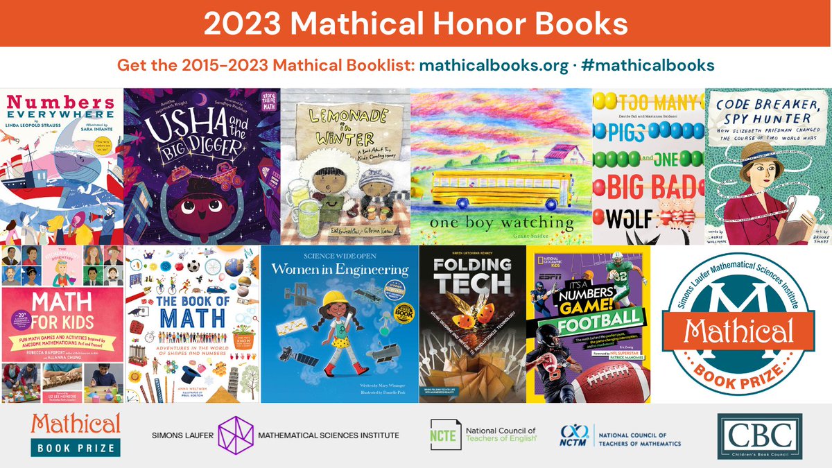 SLMath (MSRI) (@mathmoves) on Twitter photo Celebrate math joy as the 2023 Mathical Book Prize Award Winners are here! Get the list: mailchi.mp/msri/2023-math… #mathicalbooks <a href="/ncte/">National Council of Teachers of English (NCTE)</a> <a href="/nctm/">NCTM</a> <a href="/CBCBook/">Children's Book Council</a> Celebrate math joy as the 2023 Mathical Book Prize Award Winners are here! Get the list: mailchi.mp/msri/2023-math… #mathicalbooks <a href="/ncte/">National Council of Teachers of English (NCTE)</a> <a href="/nctm/">NCTM</a> <a href="/CBCBook/">Children's Book Council</a>