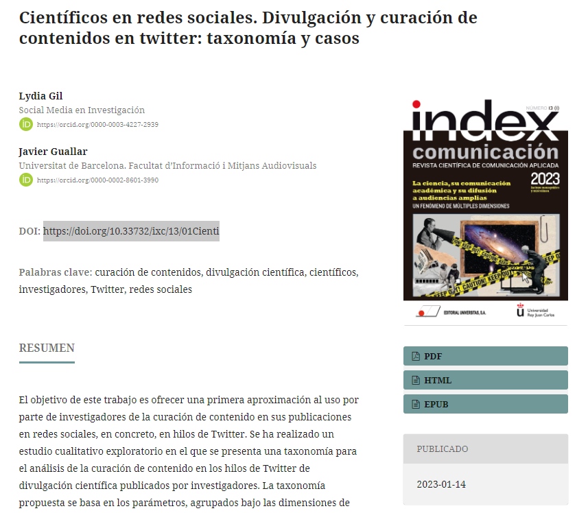 jguallar's tweet image. #yapublicado Científicos en redes sociales. Divulgación y curación de contenidos en Twitter: taxonomía y casos

artículo con @TuSocialMedia en @IndexComu 

#contentcuration #contentcurator #science #Twitter

indexcomunicacion.es/index.php/inde…