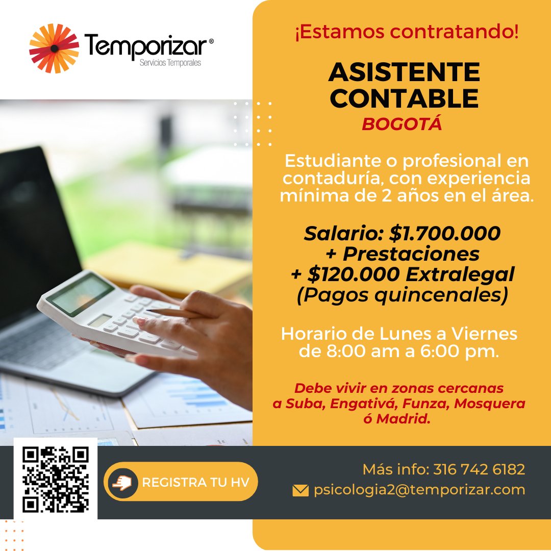 TemporizarSAS's tweet photo. 📧 Registra tu hoja de vida: https://t.co/54cFUSArOg
📲 Más info: 316 742 6182
@Trabajosihay #Trabajo #TrabajoSíHay #Empleo #Vacantes #Temporizar #empleos #empleosihay #empleodigno #asistentecontable #asistente #nomina #excel #Bogotá #experiencialaboral https://t.co/XwhFWUPk7j