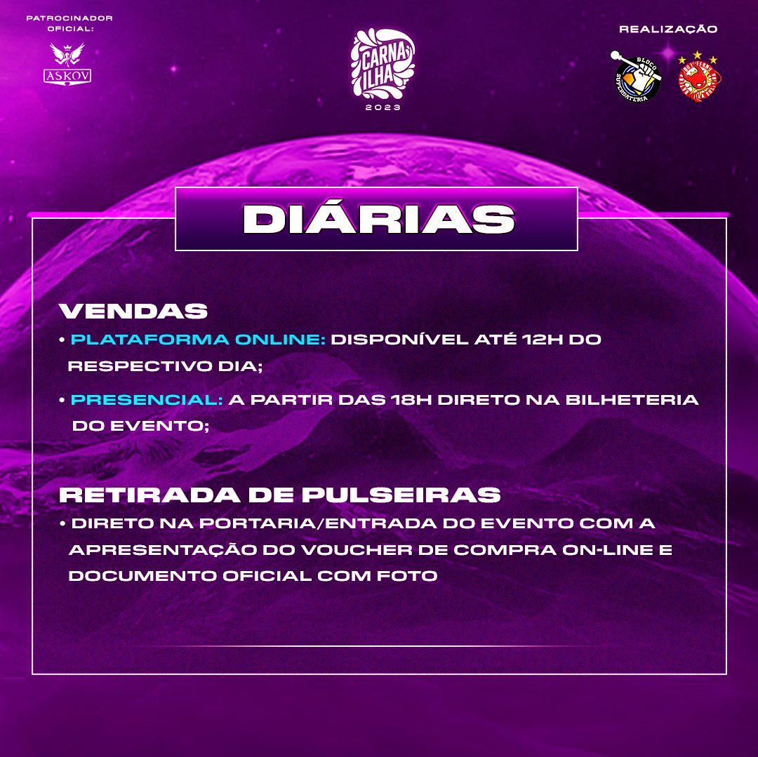 carnabrilha's tweet photo. 🎉 VENDAS DIÁRIAS 🎉

Não irá todos os dias, mas, tem uma atração que queira muito ver? Não se preocupe, teremos as vendas diárias. 
As vendas poderão ser feitas de forma presencial ou através da plataforma digital da Blacktag. 

#carnailha #ilhasolteira #carnaval2023 https://t.co/ZNd13wKH0a
