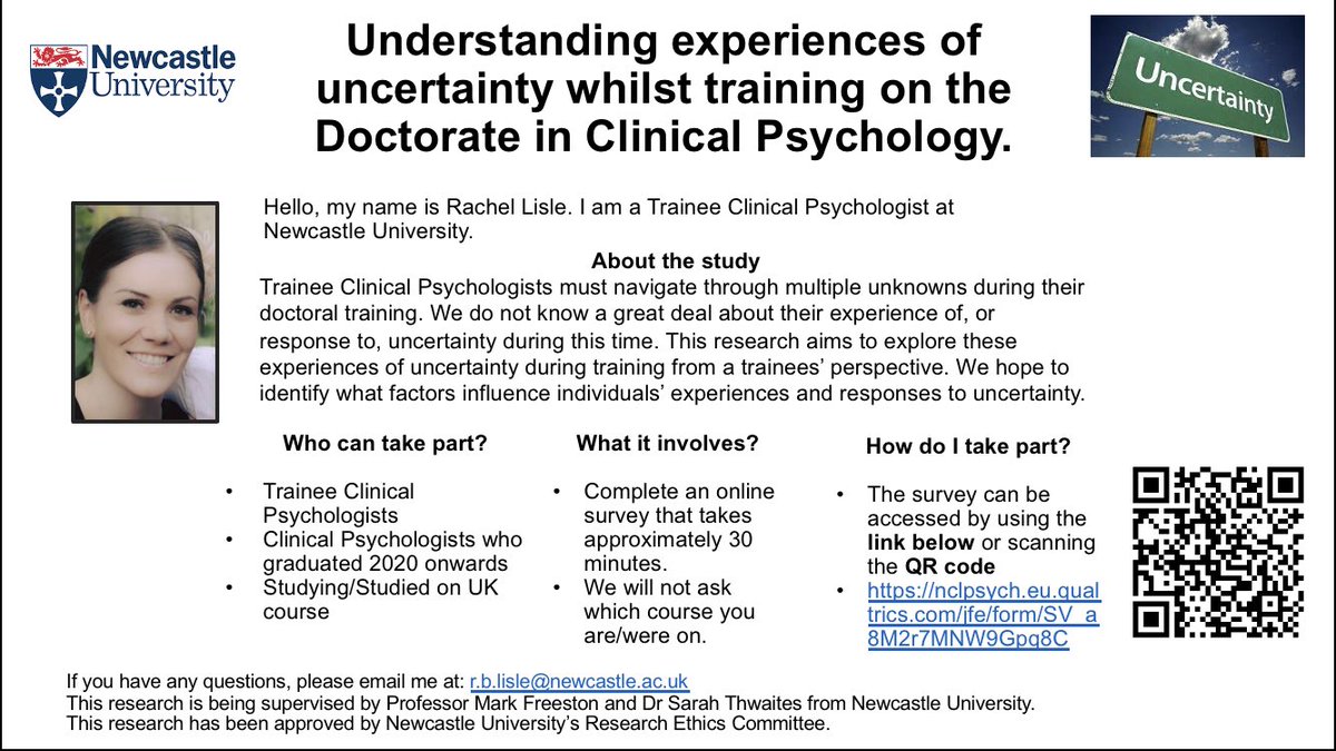 If you are a #dclinpsy trainee or recently qualified, please consider taking part in our survey to help us better understand experiences of uncertainty during training. Thankyou 😊 <a href="/NclDClinPsy/">Newcastle Clinical Psychology Doctorate</a>