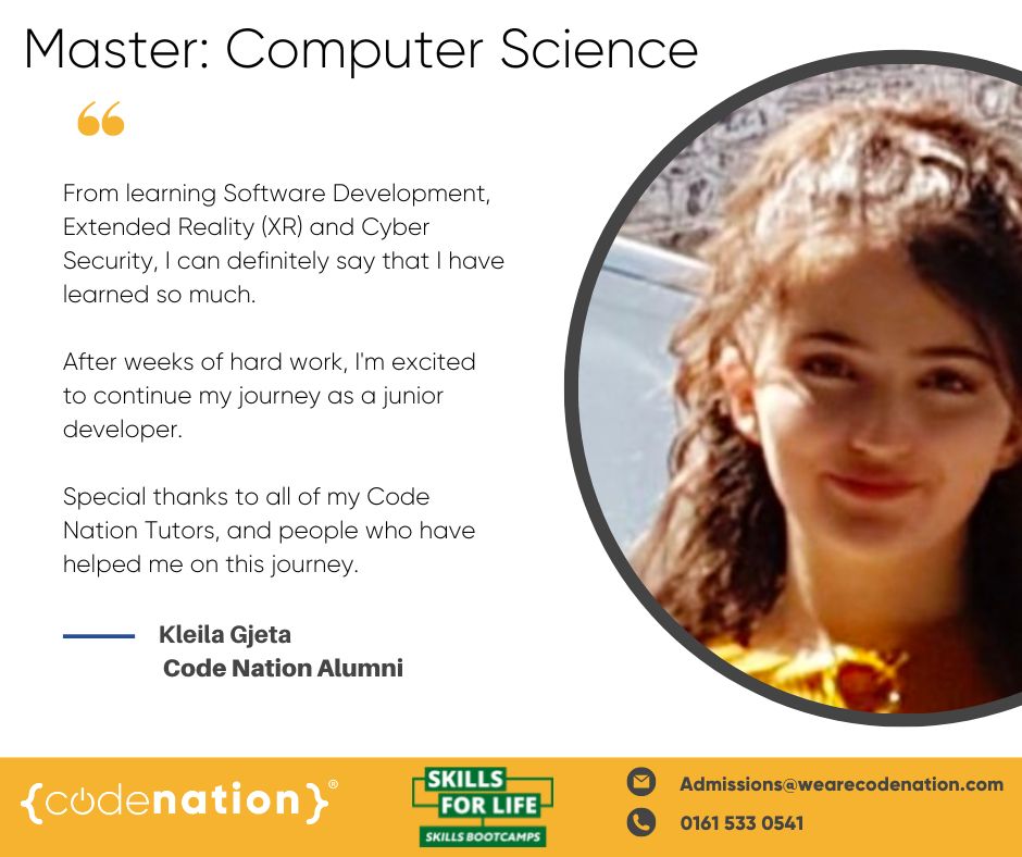 wearecodenation's tweet photo. 🤚Meet Kleila Gjeta  our recent Alumni, she has completed her 10-week Bootcamp in Computer Science &amp; is looking for a Junior Developer role.

If you live in Cheshire &amp; Warrington, we've got funding for our next Computer Science course starting Feb 27th

#CreatingEmployableTalent https://t.co/x7mGWn3IIk