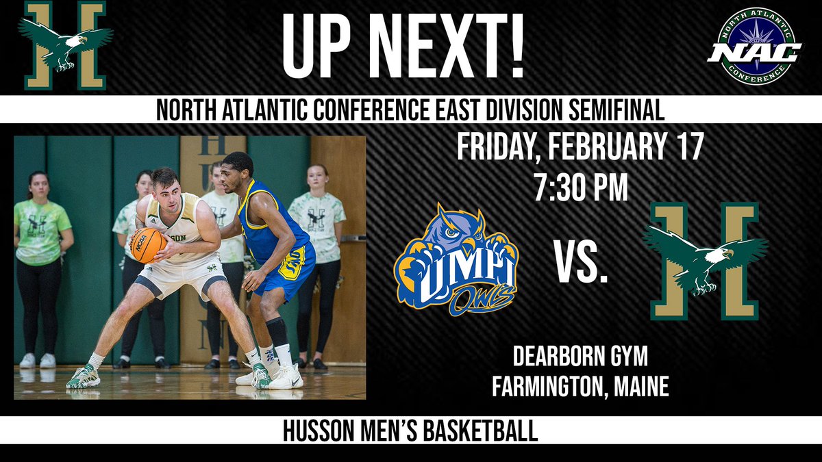 HussonUEagles's tweet image. MBB: The road to the @NCAADIII tournament begins on Friday at 7:30 p.m. when @hussonmbb take on UMPI in the @nacathletics East Division Semifinal. 

#NACmbb | #mesports | #d3hoops