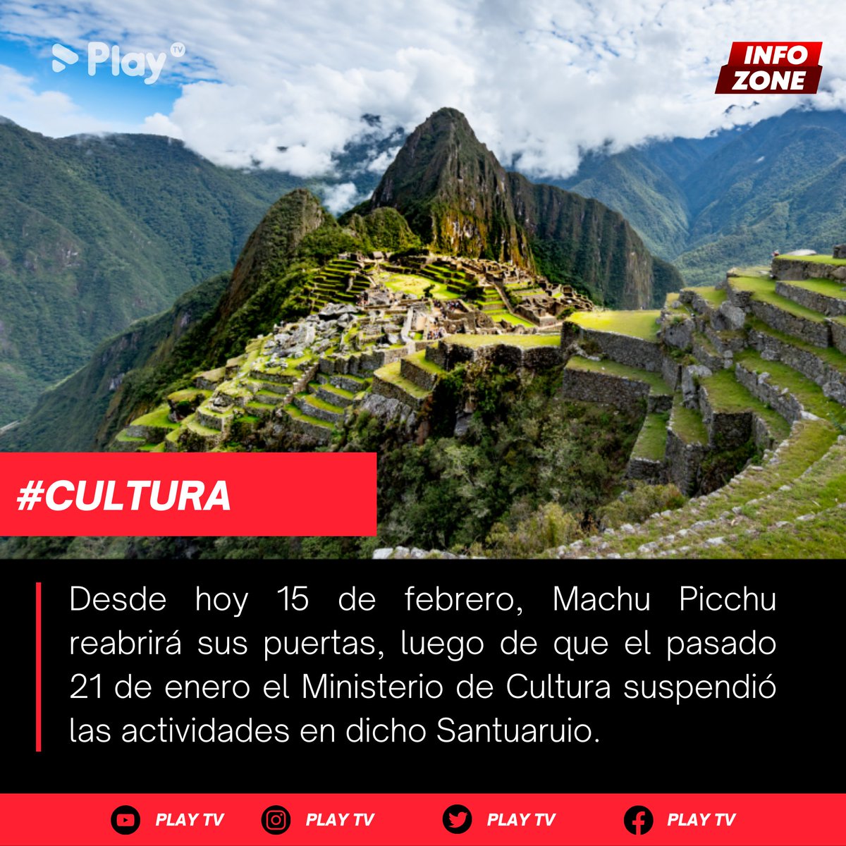 PlayTVPE's tweet image. #InfoZone 🚨
Desde hoy 15 de febrero, Machu Picchu reabrirá sus puertas, luego de que el pasado 21 de enero el Ministerio de Cultura había suspendido las actividades en el Santuario Histórico a causa de las protestas que se realizaron en Cusco.

#machupicchu #cusco #cultura