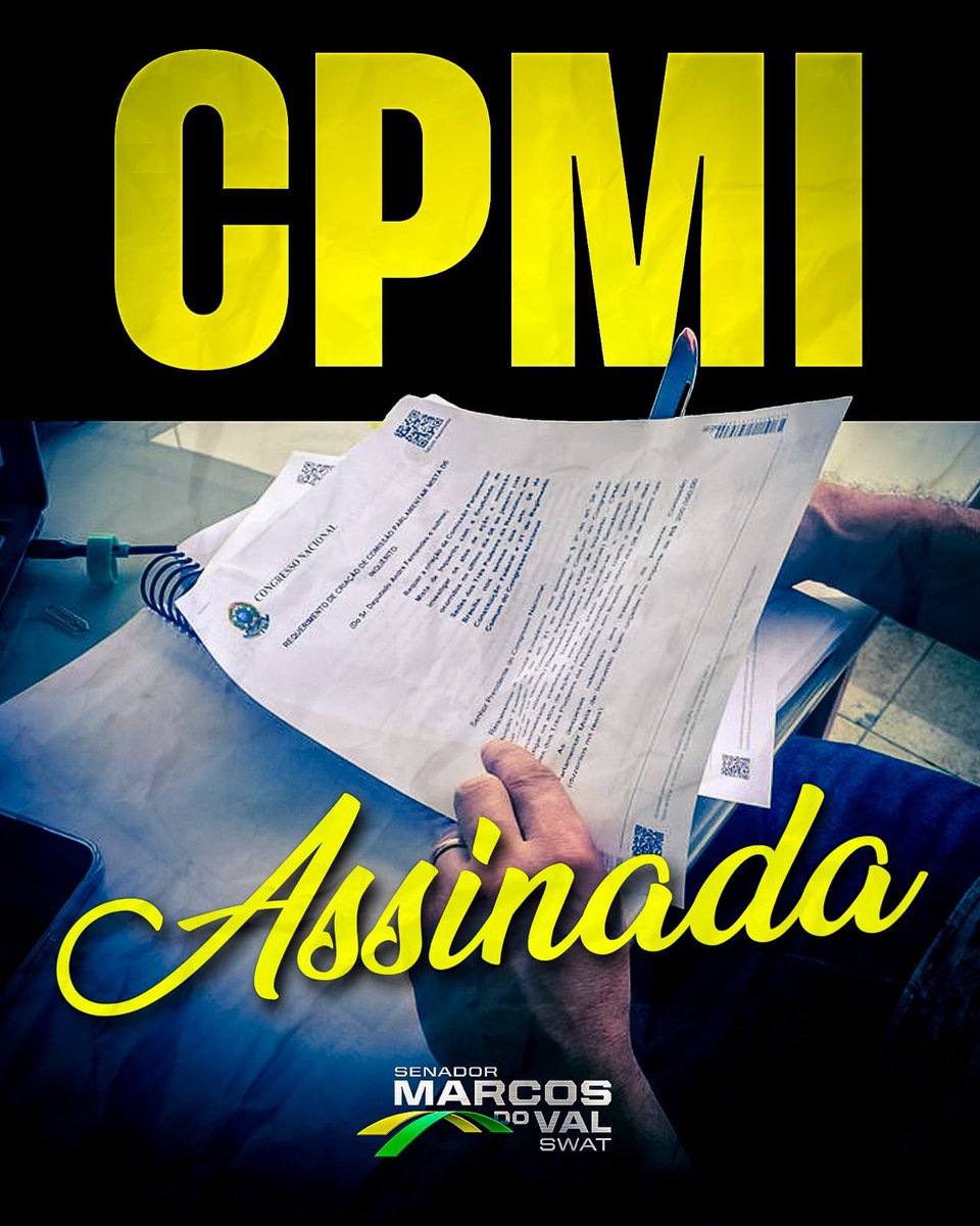 marcosdoval's tweet photo. CPMI assinado! Nesta CPMI, consigo quebrar os sigilos dos documentos e dos vídeos que o presidente Lula quer esconder. Vocês vão ter acesso às informações da crueldade que esse presidente, fez contra todos nós Brasileiros e contra a nossa democracia. #CPMI #senadormarcosdoval https://t.co/zyqfVoaP8m