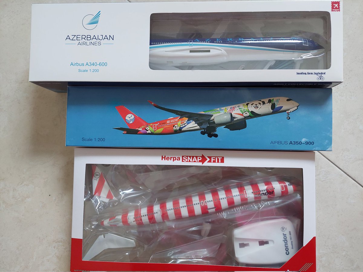 AircraftBy's tweet photo. My 3 brand new models:
Airbus A350-900 of @SichuanAir , Airbus A340-600 of @azalofficial and Boeing 757-300 of @Condor 
I love them! ✈️🥰❤️
#airplanes #scalemodels #airplanemodels #CondorAirlines #SichuanAir #AzerbaijanAirlines #Airbus #Boeing #Boeing757 #Airbus340 #AirbusA350 https://t.co/wcLQr0H2Sq