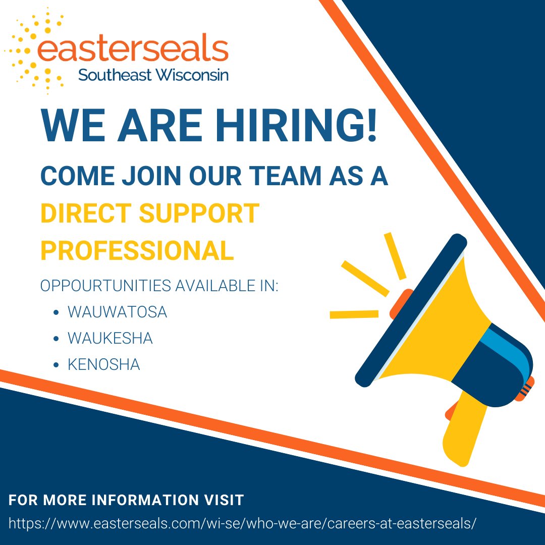#WorkWithUsWednesday Come join our team! 
We are now hiring for Direct Support Professionals at our Adult Day locations! 
🧡Wauwatosa Application -> tinyurl.com/mryhxv92 
🧡Waukesha Application -> tinyurl.com/mr4d5tx8
🧡Kenosha Application -> tinyurl.com/4k7kwdb8