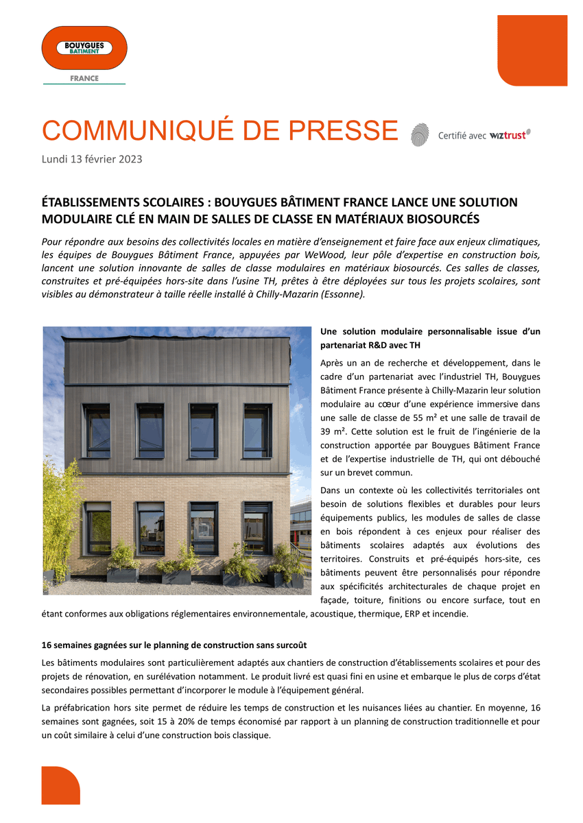 philippe_jouy's tweet photo. [#Industrialisation] Les équipes de @Bouygues_BatIDF  et de #WeWood, en partenariat avec l’industriel #TH, lancent une solution de #construction hors-site de salles de classe modulaires en matériaux #biosourcés. #ÀLire https://t.co/XRkMjlp9HV