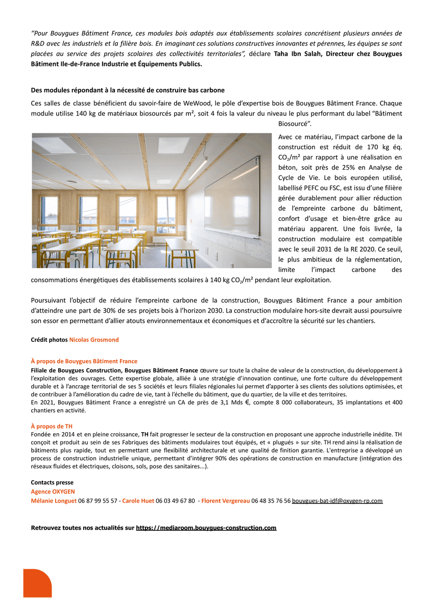 philippe_jouy's tweet photo. [#Industrialisation] Les équipes de @Bouygues_BatIDF  et de #WeWood, en partenariat avec l’industriel #TH, lancent une solution de #construction hors-site de salles de classe modulaires en matériaux #biosourcés. #ÀLire https://t.co/XRkMjlp9HV