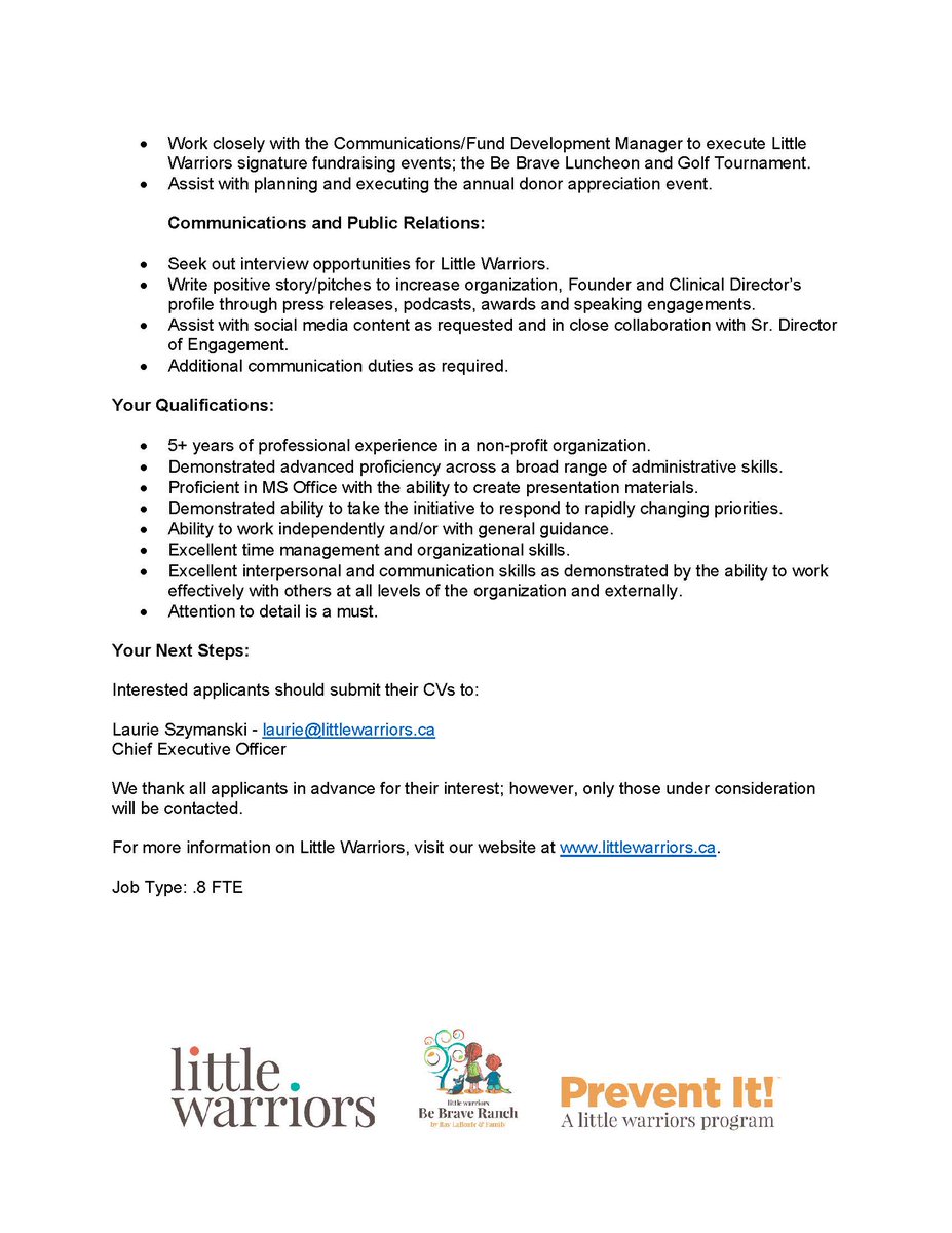 Come work alongside me at <a href="/LittleWarriors/">Little Warriors</a>! ❤️ 

We're looking for a high-caliber Executive Assistant/Special Projects Coordinator who thrives in being involved in a fast-paced organization. Do you know someone who would love to help make an impact in the world? Send them my way!