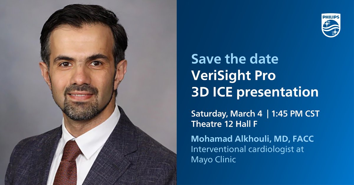 AndyLippman's tweet image. Join @Philips at #ACC23 #WCCardio to hear Dr. Alkhouli present First experiences with a novel 3D ICE probe to guide interventional procedures using the VeriSight Pro 3D ICE catheter. Saturday, March 4 at 1:45 pm in Theatre 12 Hall F.  to.philips/60173o6MZ