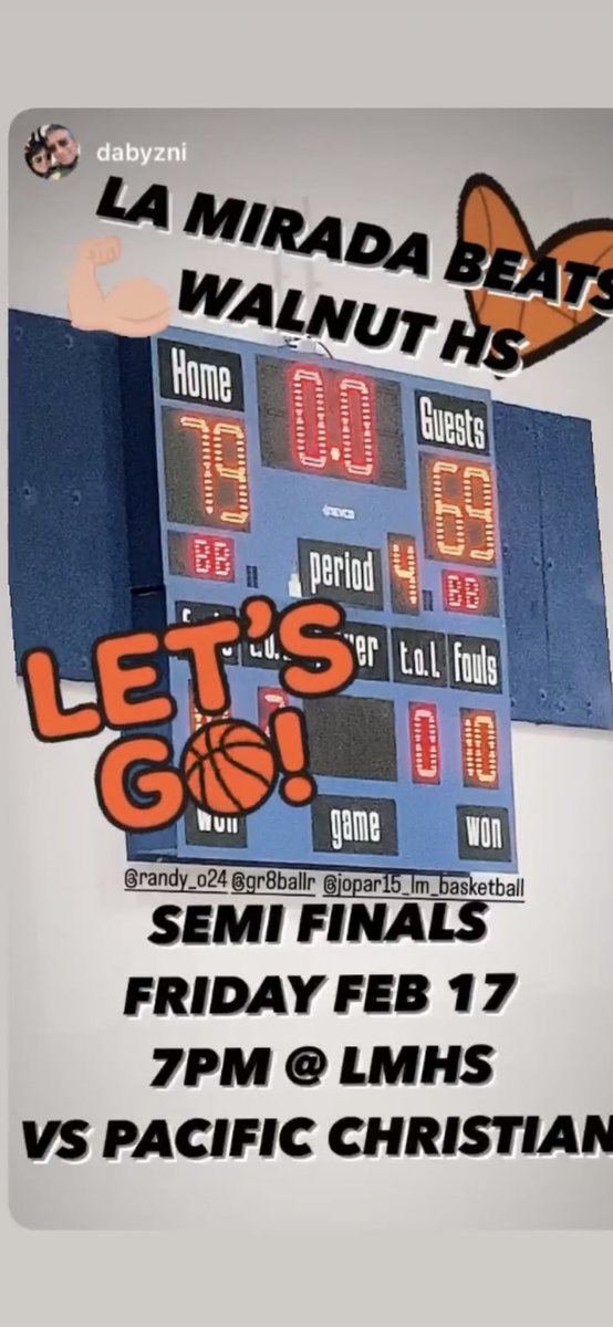 Let’s go out and show our support for the LM Matadors basketball team as they face Pacific Christian in the semifinals at La Mirada HS this Friday at 7pm <a href="/Basketball_LM/">La Mirada Basketball</a> <a href="/Randy_O24/">Randy Oronoz</a>