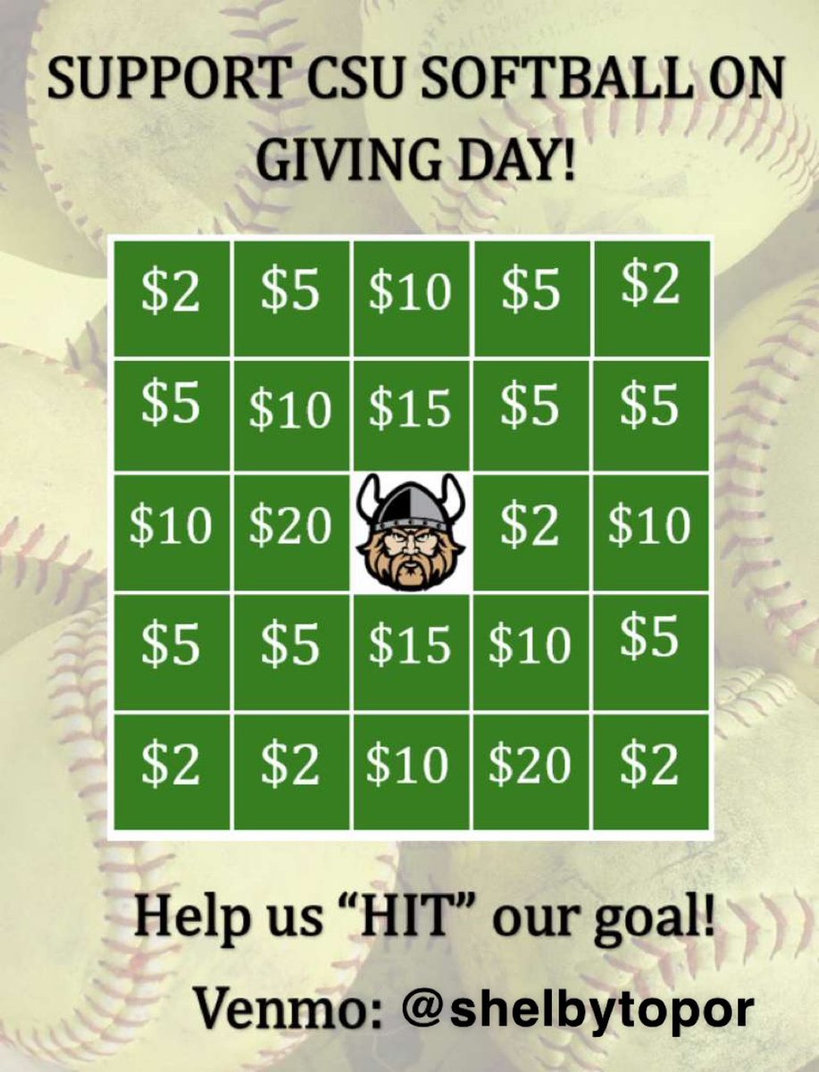 GIVING DAY TOMORROW!! Please help the CSU Softball team reach our goal!! Any and all donations are very much appreciated! Giving Day ends Thursday, February 16! Donations can be made by Venmo: shelbytopor! Thank You and go Vikes!!💚🤍