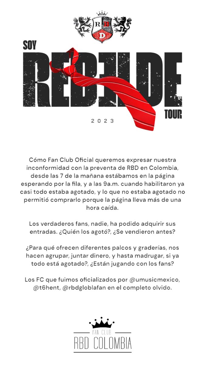 FCRBDCOL's tweet photo. Más de 15 años luchando por tener a @RBD_oficial en nuestro país no pueden quedar en el olvido. 

Hoy expresamos nuestro sentir. 
¿ #FraudeRBDColombia ? https://t.co/hUxsq5XkDv