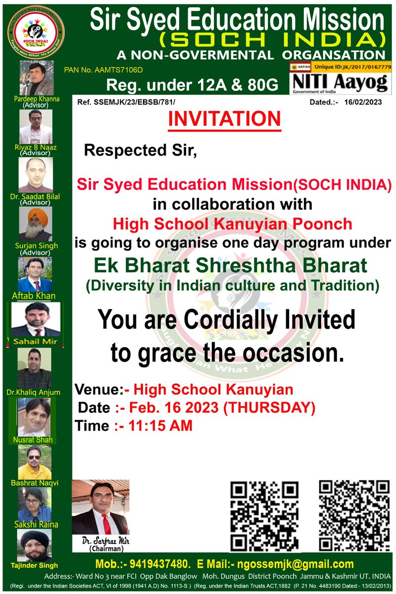 SyedMission's tweet photo. Sir Syed education mission (Soch India).... INVITATION @sarfrazmir7 @TariqMehmood_04 @AJAZAHMED1213 @CPddcPoonch https://t.co/fmYlDKkj5l