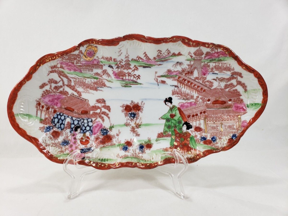 Vintage Geisha Dish Japanese Serving Oval Dish Platter 12' Long etsy.me/3YzMyoy #ceramic #servingbowl #seapillowtreasures #vforvintage #vintageservingbowl #fruitbowl