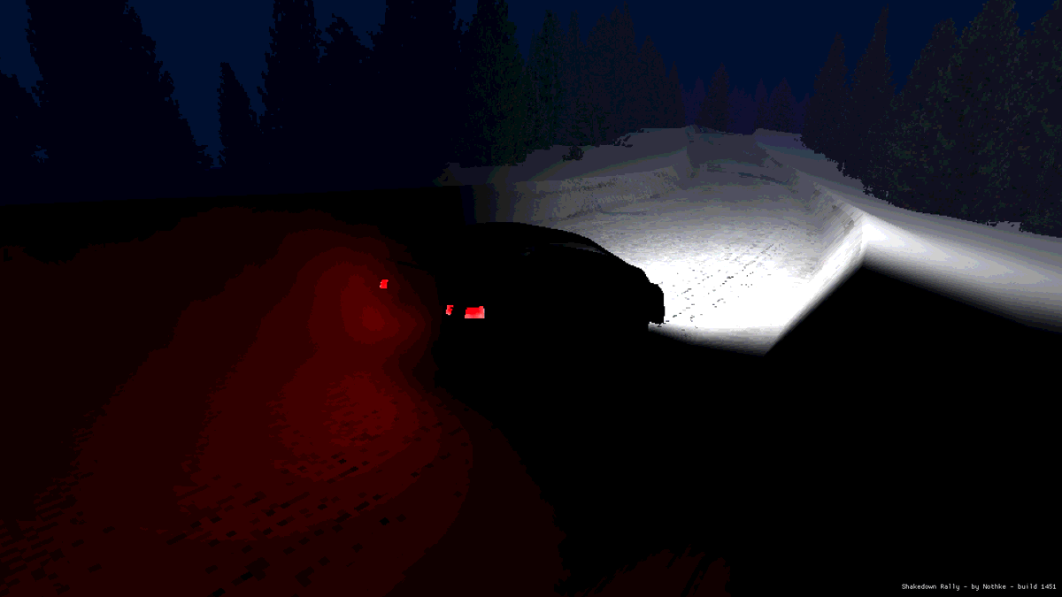 Nothke's tweet photo. On the last stream I improved the headlights to be proper spotlights in #ShakedownGame. Starting a new stream in ~15 mins where I will continue working on improving the surfaces and Sweden stage #gamedev https://t.co/o8ADsXQZoI
