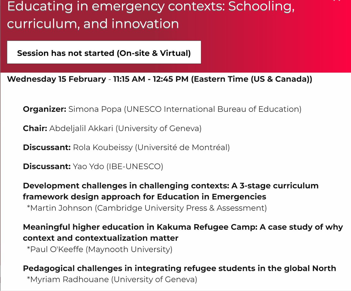 Join the conversation on #EducationInEmergencies: Schooling, Curriculum, and Innovation at #CIES2023.  An <a href="/IBE_UNESCO/">UNESCO-IBE</a> panel, with insightful talks from Rola Koubeissy, Martin Johnson, Paul O'Keeffe, Myriam Radhouane, &amp; Abdeljalil Akkari. Today, at 11.15 EST. 
<a href="/cies_us/">CIES</a>