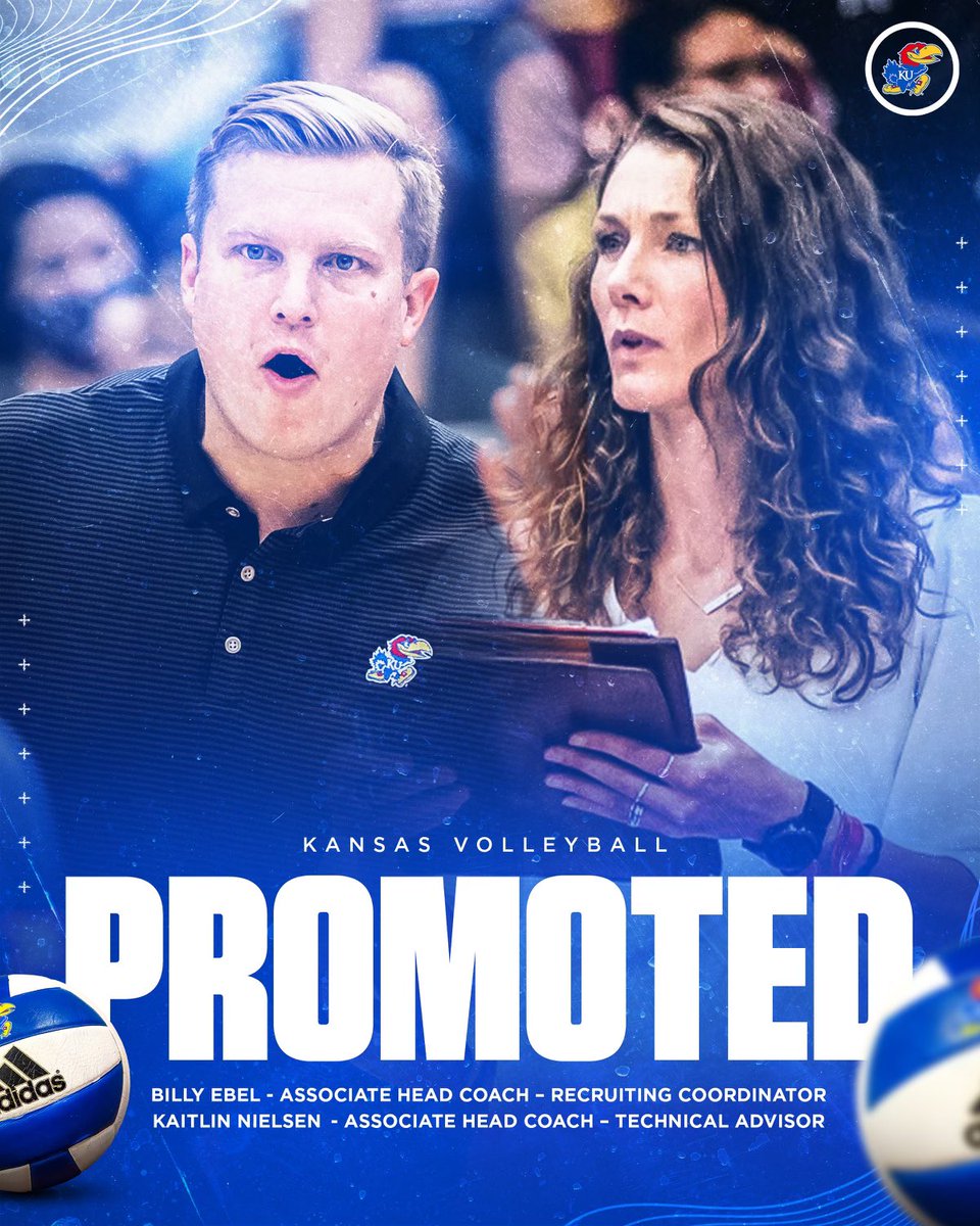KUVolleyball's tweet photo. 𝙋𝙍𝙊𝙈𝙊𝙏𝙀𝘿 😎

Congrats to Billy and Kaitlin for their promotions. We appreciate their hard work and dedication to Kansas Volleyball. 

Read More: https://t.co/nrsJeMLcdK

#RockChalk | #KUVB https://t.co/wwWeU3FGsn