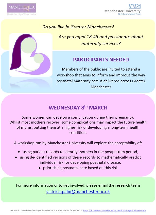 Dr V Palin (@v1kki_p) on Twitter photo PARTICIPANTS NEEDED
Do you live in Greater Manchester?
Are you aged 18-45 and passionate about maternity services? Come and join us at our public workshop
2nd March or 8th March - message for more information
<a href="/MFH_Research/">Maternal & Fetal Health Research Centre</a>
<a href="/MatVoicesGMEC/">Maternity Voices GMEC</a> PARTICIPANTS NEEDED
Do you live in Greater Manchester?
Are you aged 18-45 and passionate about maternity services? Come and join us at our public workshop
2nd March or 8th March - message for more information
<a href="/MFH_Research/">Maternal & Fetal Health Research Centre</a>
<a href="/MatVoicesGMEC/">Maternity Voices GMEC</a>
