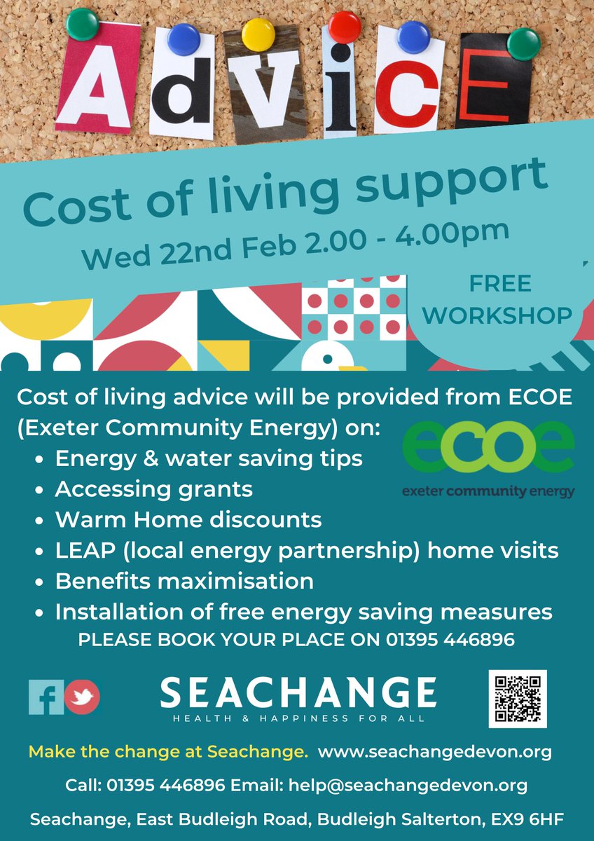 We have partnered with @ECOEtalk to host a FREE cost-of-living workshop on WEDNESDAY 22ND FEB💡
 
Join us for money-saving advice, grants, benefits, and more. Refreshments will be available. Please book a place by calling: 01395 446896☎️

Supported by: @nationalgriduk 
@DevonCC