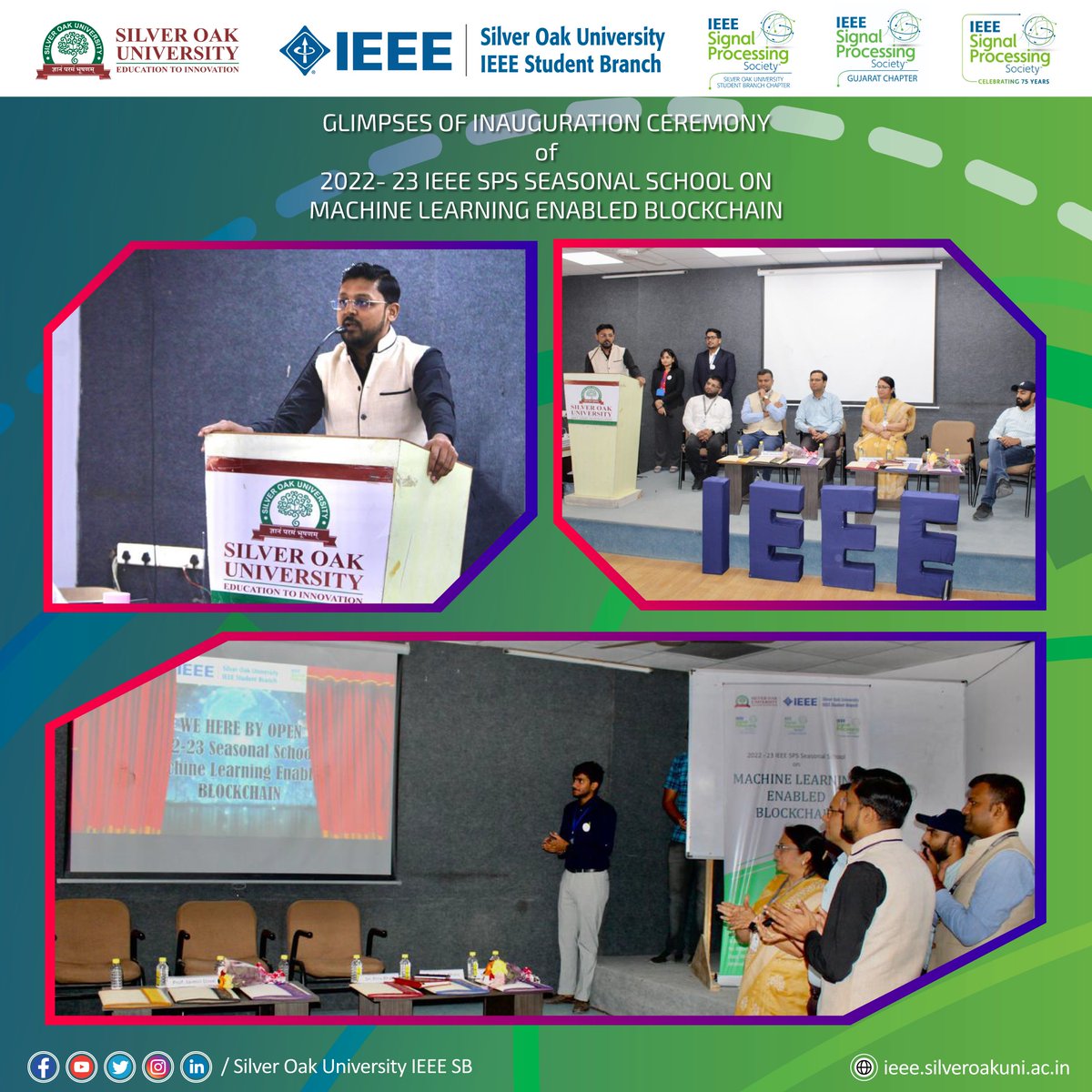 IEEE_SilverOak's tweet photo. The eventโs #inauguration ceremony of #IEEESOUSPSSBC under the #IEEESPS #SeasonalSchool on โML Enabled Blockchainโ was graced by special guest Dr. Manish Khare Sir and our respected #dignitaries Dr. Pina Bhatt Ma'am, Prof. Jaimin Dave Sir and Dr. Satvik Khara Sir.#ieee #ieeesousb https://t.co/hewm7BmL4V