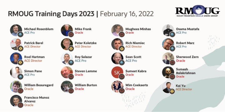 Training Days 2023 by @RMOUG_ORG has a full day tomorrow with 10 parallel tracks! 

Take a look at the speakers & agenda and book your place now ➡️ 
@thtechnology @BrokeDba @miaurman @MishaRosenblum @MNEMONIC01 @OsamaOracle @patch72
social.ora.cl/60153iN6c
#OracleACE