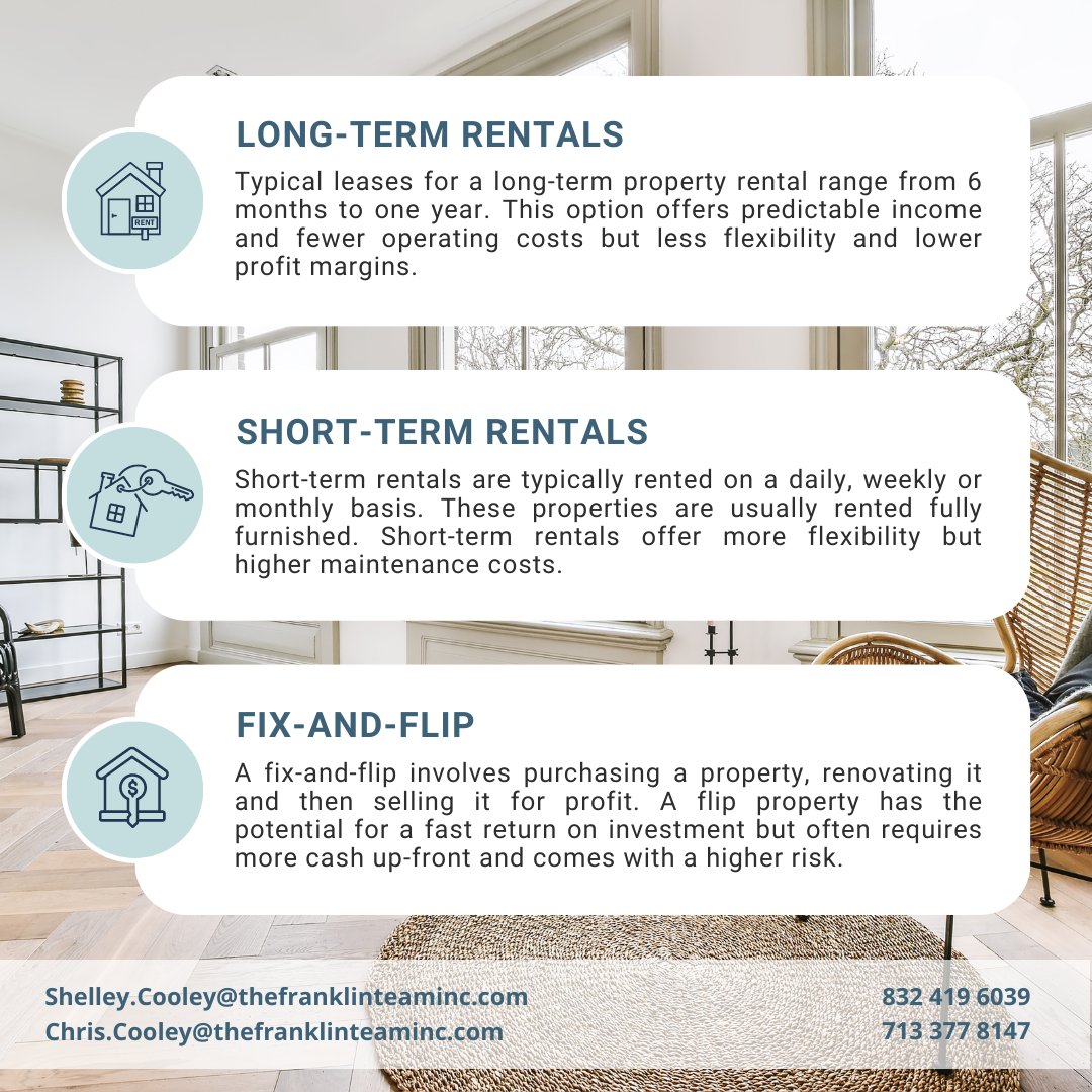 There are plenty of options for investing in real estate. Which option is right for you? 🤔

#countoncooley #callthecooleys #buyertips #realestatetexas #TheFranklinTeam #eXpRealty #hometips #localrealtor #realestatetips #longtermrentals #shorttermrentals #fixandflip #residential
