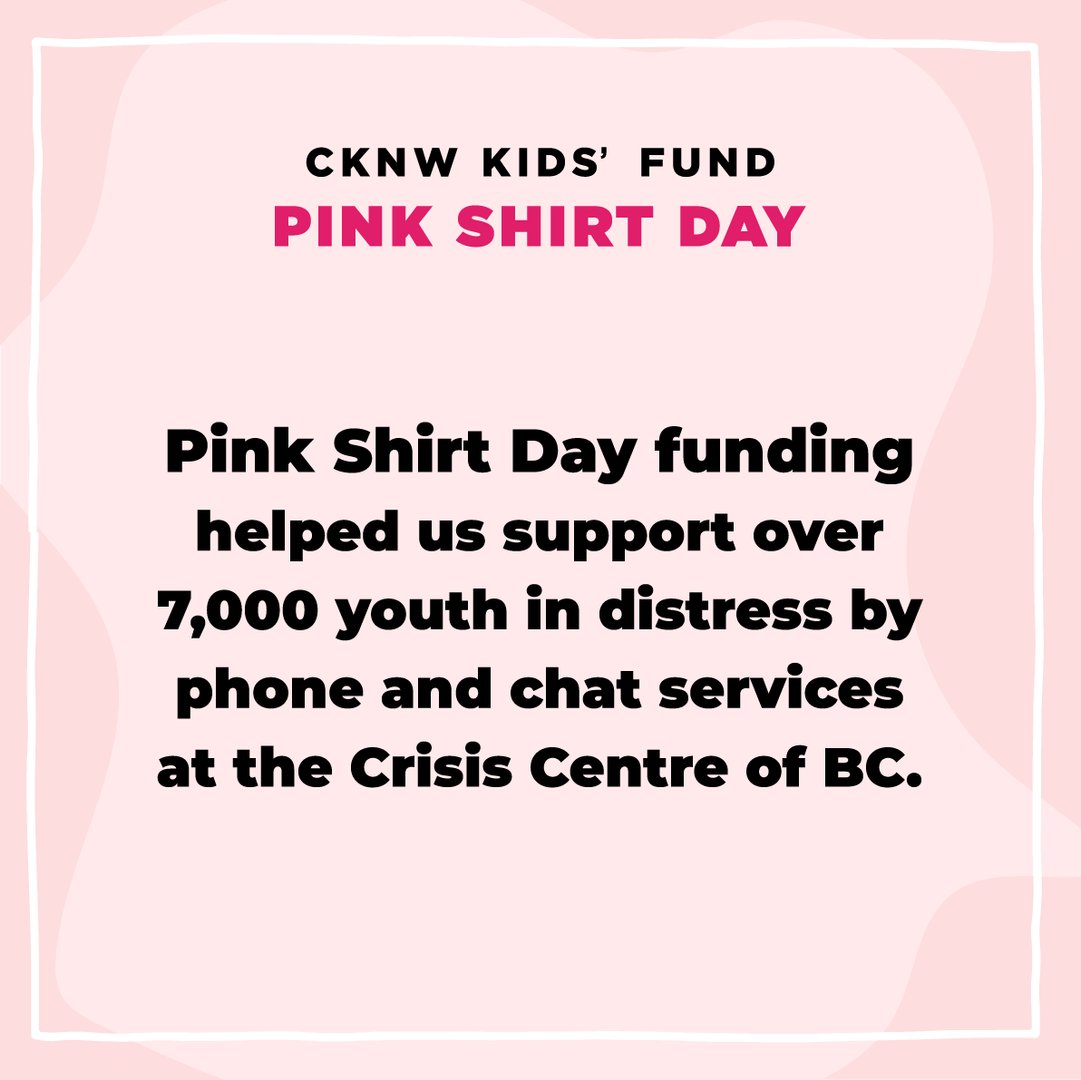 Where does your donation go? When you support Pink Shirt Day, we can support local youth programs, so kids can get the support they need! 😊 With suicide prevention & seminars, @crisiscentrebc is one of the programs that make an incredible difference in the lives of children!