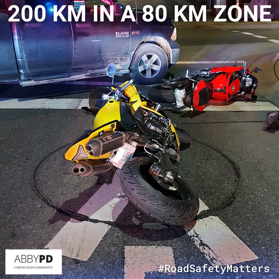 AbbyPoliceDept's tweet photo. Last evening Patrol officers observed two motorcycles driving more than 200 km an hr in an 80 km zone along Hwy 11. The drivers were observed weaving in &amp; out of traffic. With the assistance of Mission RCMP, the riders were stopped. Bikes seized &amp; numerous violations were issued. https://t.co/zFBLmx0190