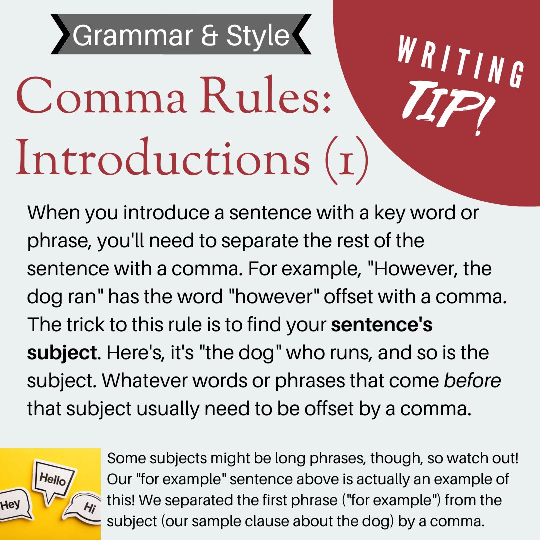 wjwritingcenter's tweet image. This week&apos;s writing tip is a two-parter! Commas are often used when introducing something, and today we&apos;re talking about using commas when introducing words or phrases. Check out this week&apos;s tip to learn more! #weeklytip #writingtips