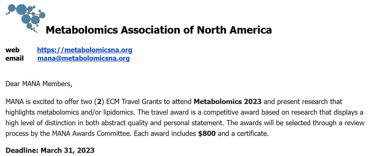 Travel #grants for #metabolomics to attend #MetSoc2023 happening in June 2023 organized by @MetabolomicsSoc. Check @MetabolomicsANA website metabolomicsna.org 
#lipidomics