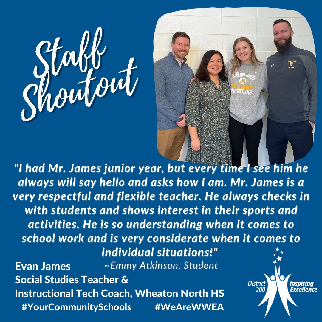 CUSD200's tweet photo. #StaffShoutout to Vi Gingerich, Evan James, &amp; Tim Walker at Wheaton North HS! Thank you to student Emmy Atkinson for giving them the shoutout! Is there a staff member that you think deserves a shoutout? Click here: https://t.co/OaQ20lHEWW #YourCommunitySchools #WeAreWWEA @biscmj https://t.co/iXDT6aSWve