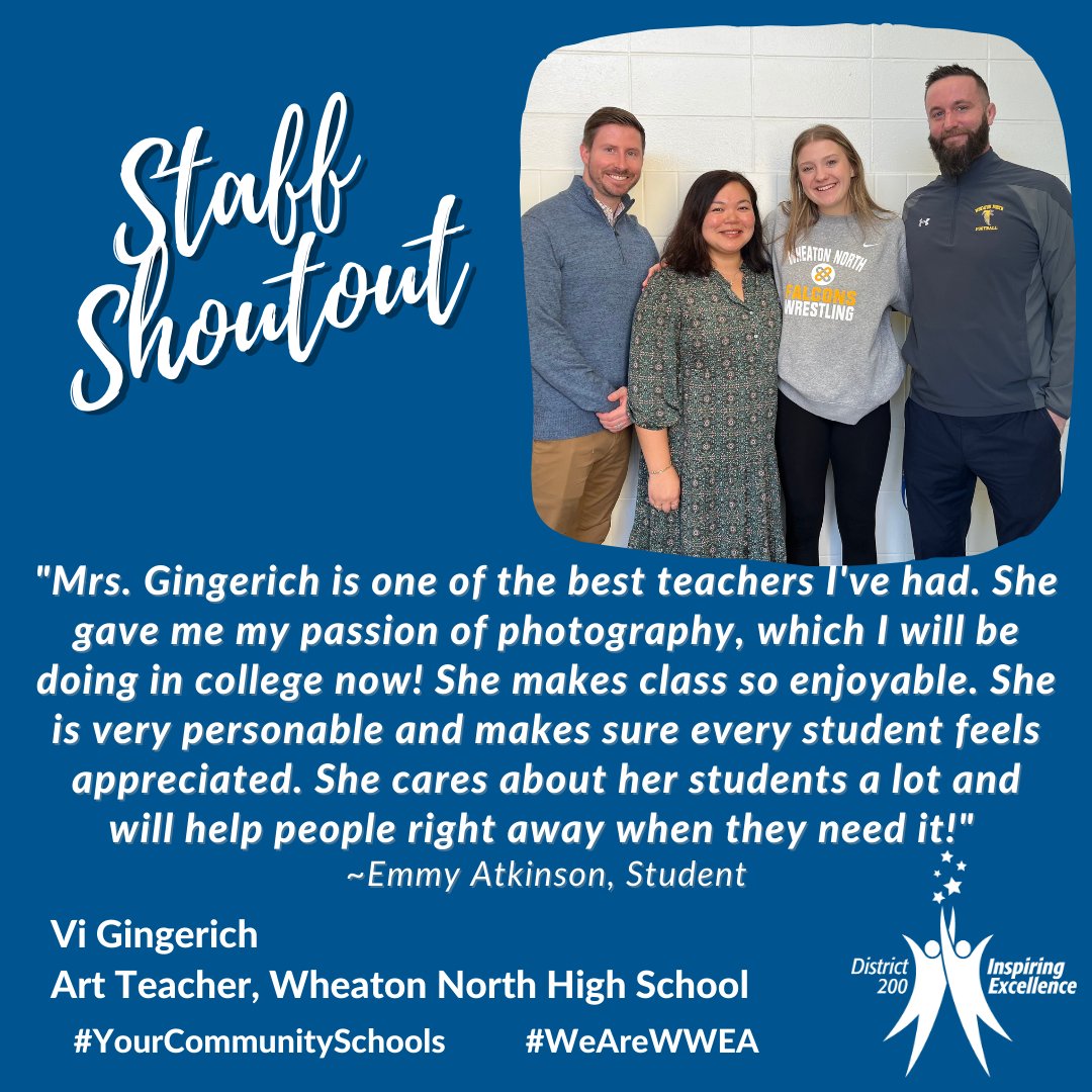 CUSD200's tweet photo. #StaffShoutout to Vi Gingerich, Evan James, &amp; Tim Walker at Wheaton North HS! Thank you to student Emmy Atkinson for giving them the shoutout! Is there a staff member that you think deserves a shoutout? Click here: https://t.co/OaQ20lHEWW #YourCommunitySchools #WeAreWWEA @biscmj https://t.co/iXDT6aSWve
