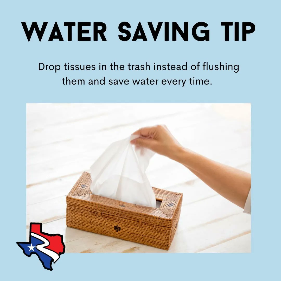BrazosWater's tweet image. Save the flush (and water) by putting tissues in the trash.  

#WaterSavingTip #SaveTheFlush #OnlyFlushTP