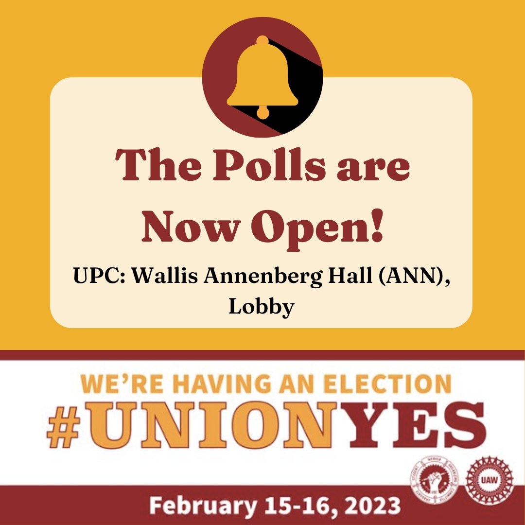 gswocusc's tweet image. THE POLLS ARE OPEN! Our union election starts today! Info about why we're voting YES at gswoc-usc.org/vote. 

Voting times and locations below.