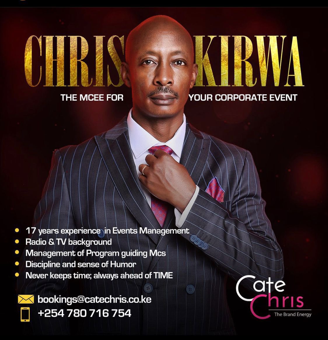 Chris Kirwa (@chriskirwa) on Twitter photo Reminder
I am an Emcee / Mentor in Creative Space that
#NeverKeepsTimeAlwaysAheadOfTime
With a Solid Track Record in Management / Safety & Security Consultant in Events
Reach out - Let’s make a difference in your Next Event.
bookings@catechris.co.ke
+254 780 716 754 Reminder
I am an Emcee / Mentor in Creative Space that
#NeverKeepsTimeAlwaysAheadOfTime
With a Solid Track Record in Management / Safety & Security Consultant in Events
Reach out - Let’s make a difference in your Next Event.
bookings@catechris.co.ke
+254 780 716 754
