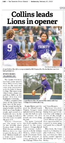NTH Sports (@nthsports) on Twitter photo In the sports page of today's <a href="/TimesHerald/">The Newnan Times-Herald</a>
<a href="/TCSLions_BSBL/">Trinity Christian School Baseball</a> defeat Landmark Christian in their 2023 season opener last Friday
<a href="/AmariDCollins1/">Amari D. Collins</a> <a href="/KombatKamera/">KombatKamera</a> <a href="/TCSAthletics1/">Trinity Christian School Athletics</a>
<a href="/TheCoachesBoxGA/">Coaches Box Georgia</a> In the sports page of today's <a href="/TimesHerald/">The Newnan Times-Herald</a>
<a href="/TCSLions_BSBL/">Trinity Christian School Baseball</a> defeat Landmark Christian in their 2023 season opener last Friday
<a href="/AmariDCollins1/">Amari D. Collins</a> <a href="/KombatKamera/">KombatKamera</a> <a href="/TCSAthletics1/">Trinity Christian School Athletics</a>
<a href="/TheCoachesBoxGA/">Coaches Box Georgia</a>