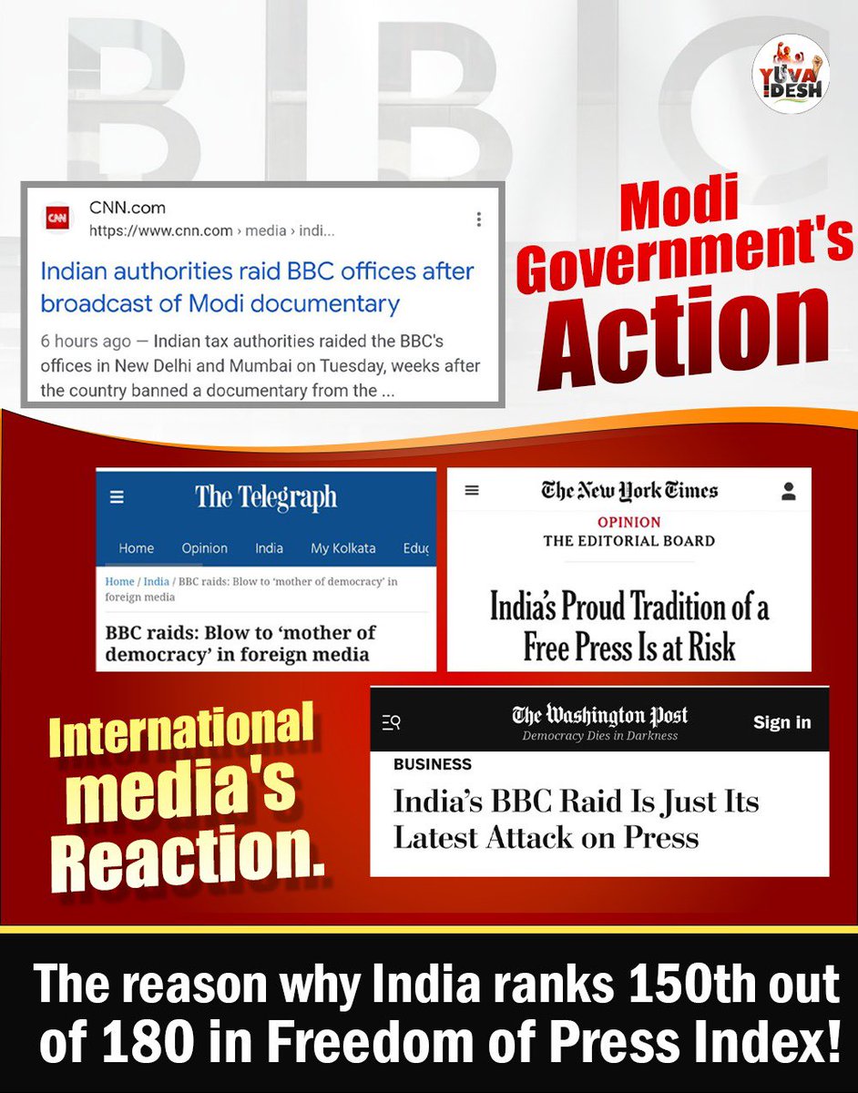 TN_PYC's tweet image. Reason for the India&apos;s worst rank in the Freedom of Press Index! 
#FreedomOfSpeech 
#BJPFailsIndia 
#ModiDocumentaryRow 
#BBCdocumentary