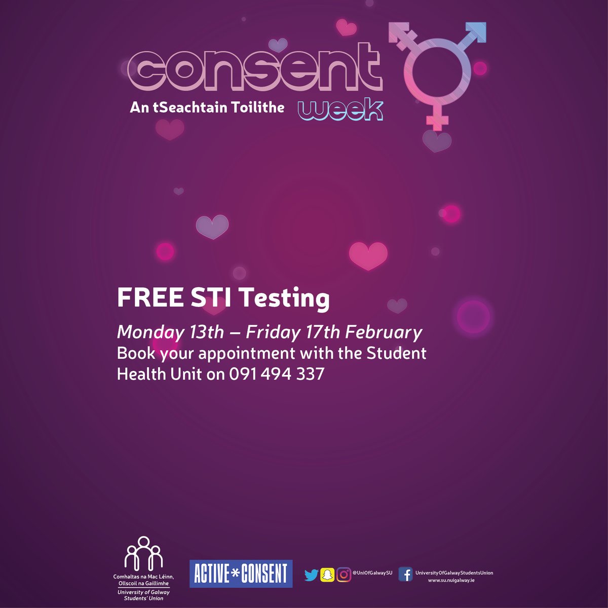 UniOfGalwaySU's tweet photo. #ConsentWeek Events Today Thurs 16 Feb 

❤️10:00-14:00 Disclosure Training FULLY BOOKED
❤️14:00-16:00 Digital Intimacy Workshop with @FemSocNUIG + @ActiveConsent Limited free spaces❤️FREE condoms in SU Office, Cloakroom + Síbín

⬇️⬇️
https://t.co/WQJW28rT5D

#DoChomhaltas https://t.co/uJVSIP44Hx
